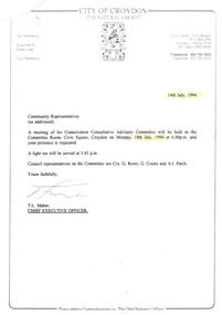 Administrative record, Invitation to Conservation Consultative Advisory Committee meeting 18th July 1994