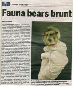 Newspaper, Climate of Change 'Fauna bears brunt' article by Brigid O'Connell - date and newspaper unknown
