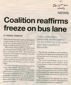 Newspaper, Article  'Coalition reaffirms freeze on bus lane' page 7 in Weekly News, 21 December 2010