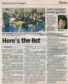Newspaper, Article 'Here's the list' by Goya Bennett in the Fairfax Community Newspaper, date unknown