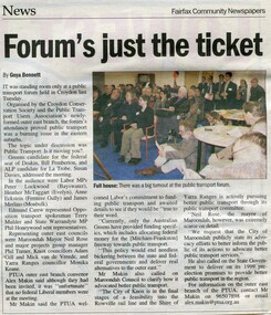 Newspaper, Article 'Forum's just the ticket' - Fairfax Community Newspaper, by Goya Bennett, date unknown