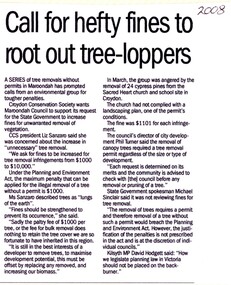 Newspaper, Article 'Call for hefty fines to root out tree-loppers' 2008, paper and author unknown
