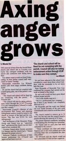 Newspaper, Article ' Axing anger grows' by Winston Tan, Maroondah Journal 1/4/08