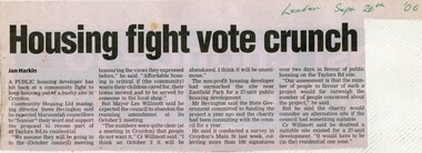 Newspaper, Article ' Housing fight vote crunch' - by Jan Harkin, Leader newspaper, 26th September 2006