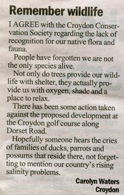 Newspaper, Opinion piece ' Remember wildlife' by Carolyn Waters of Croydon, Fairfax Community Network, reportedly dated 2008