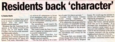 Newspaper, Article Residents back 'character' by Danica Harris, paper unknown and reportedly dated 2008