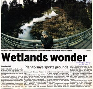 Newspaper, Article ' Wetlands wonder' by Shaun Campbell in Maroondah Leader, 26 May 2009