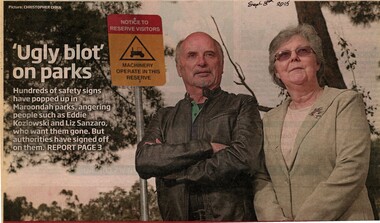Newspaper, Article ' Ugly blot' on parks by Emma-Jayne Schenk, Maroondah paper, 8 September 2015