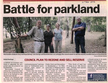Newspaper, Article 'Battle for parkland' Eastfield Road Croydon, by Emma Hastings, 11th Feb 2014, paper unknown