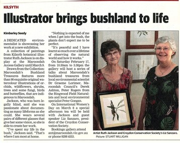 Newspaper, Article 'Illustrator brings bushland to life' by Kimberly Seedy, Leader Newspaper Kilsyth? 2018
