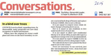 Newspaper, Article 'In a bind over trees' by Liz Sanzaro, Maroondah Leader conversations, 2015