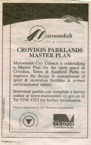 Newspaper, 'Croydon Parklands Master Plan' notice published by Maroondah City Council