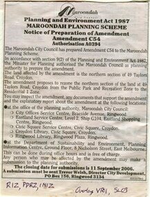 Newspaper, 'Notice of Preparation of Amendment Amendment C54' for 49 Taylors Road, Croydon, Authorisation A0394