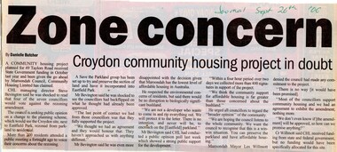 Newspaper, Article 'Zone Concern' by Danielle Butcher, Journal 26 September 2006