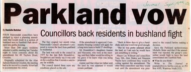 Newspaper, Article 'Parkland vow' by Danielle Butcher, Journal 19 September 2006