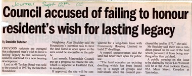 Newspaper, Article 'Council accused of failing to honour resident's wish for lasting legacy' by Danielle Butcher, Journal 12th September 2006