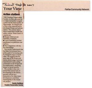 Newspaper, Article 'Action Stations' by Sandra Hardiman of Croydon Conservation Society, in Fairfax Community Network, 18 September 2007