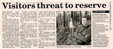 Newspaper, Article 'Visitors threat to reserve', Maroondah Leader, 11 September 2001, author unknown