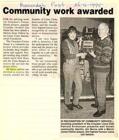 Newspaper, Article 'Community work awarded', Maroondah Post, 26 April 1995