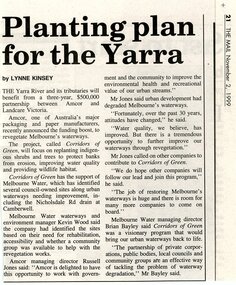 Newspaper, Article 'Planting plan for the Yarra', by Lynne Kinsey, The Mail, 2 November 1999