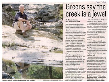 Newspaper, Article 'Greens say the creek is a jewel' by Travis Parnaby and Monique Bouma, Maroondah Leader, 20 January 2004