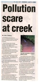 Newspaper, Article 'Pollution scare at creek' by Julie Tullberg, 8 July 2003, paper unknown