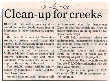 Newspaper, Newspaper article 'Clean-up for creeks', 12 June 2001, author and paper unknown