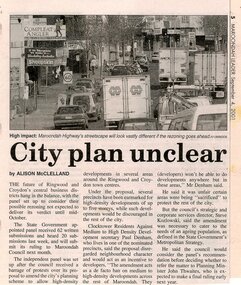 Newspaper, Article 'City plan unclear' by Alison McClelland, Maroondah Leader, 4 September 2001