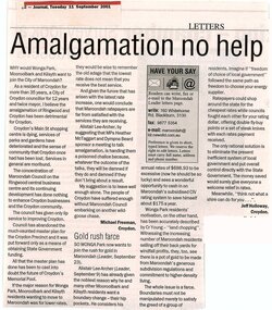 Newspaper, Opinion pieces 'Amalgamation no help' Leader newspaper, 11 September 2001