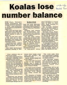Newspaper, Article 'Koalas lose number balance' by Kelly Ryan, Herald Sun, 1 December 1996