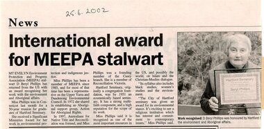 Newspaper, Article 'International award for MEEPA stalwart', D Beryl Phillips, 25 June 2002, paper and author unknown