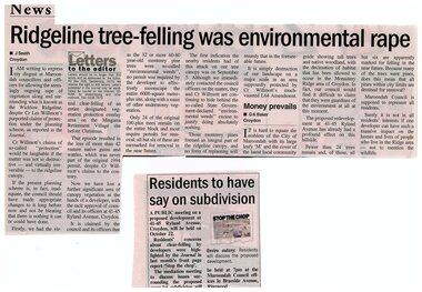 Newspaper, Letters to editor regarding tree removal at and public notice regarding proposed redevelopment at 41 - 45 Ryland Avenue Croydon, 2003