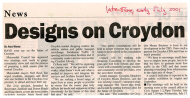 Newspaper, Article 'Designs on Croydon' by Anya Murray, News, June/July 2001
