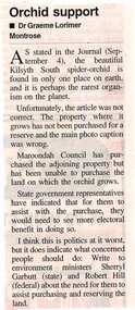 Newspaper, Article ' Orchid support' by Dr Graeme Lorimer of Montrose, paper and date unknown