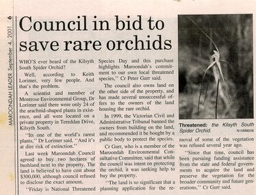 Newspaper, Article 'Council in bid to save rare orchids' Maroondah Leader, 4 September 2001, author unknown