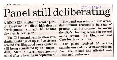 Newspaper, Article 'Panel still deliberating', 20 November 2001
