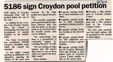 Newspaper, Article '5186 sign Croydon pool petition', 16 July 2002, author and paper unknown
