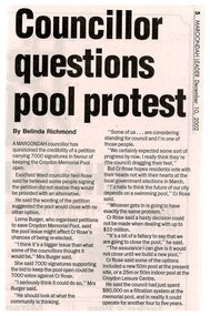 Newspaper, Article 'Councillor questions pool protest' by Belinda Richmond, Maroondah Leader, 10 December 2002