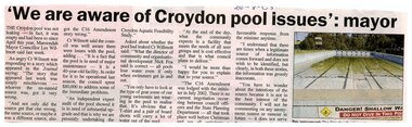 Newspaper, Newspaper article 'We are aware of Croydon pool issues: Mayor', author unknown, 26 August 2003