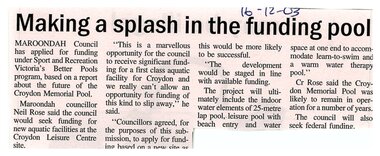 Newspaper, Article 'Making a splash in the funding pool', 16 December 2003, author and paper unknown