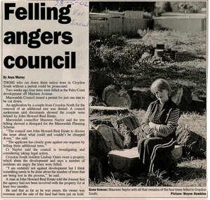 Newspaper, Article 'Felling angers council', Anya Murray, Journal, 28 May 2002