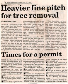 Newspaper, Two articles 'Heavier fine pitch for tree removal' by Catherine Kelly & 'Times for a permit', Maroondah Leader, 25 June 2002