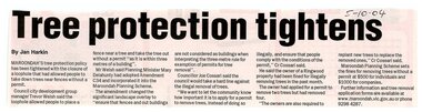 Newspaper, Article 'Tree protection tightens' by Jan Harkin, 5 October 2004, paper unknown