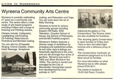 Document, Living in Maroondah, 21 years of Wyreena Community Arts Centre, Hull Road Croydon