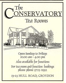 Poster, The Conservatory Tea Rooms at the Wyrenna Community Arts Centre, Hull Road Croydon