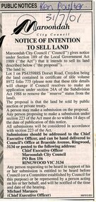 Newspaper, Public Notice of intention of Maroondah City Council to sell land in Dorset Road, (Lot 1 on P54359885), Croydon, 31 July 2001