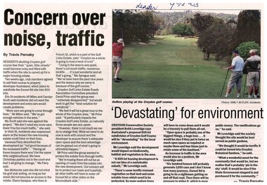 Newspaper, Articles 'Concern over noise, traffic' and '"Devastating" for environment' by Travis Parnaby, Leader Newspaper, alleged date 9 December 2003