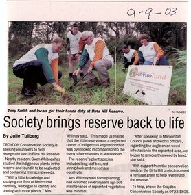 Newspaper, Article 'Society brings reserve back to life' by Julie Tullberg, 9 September 2003, paper unknown