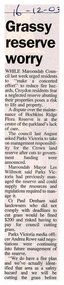 Newspaper, Article 'Grassy reserve worry', 16 December 2003, author and paper unknown