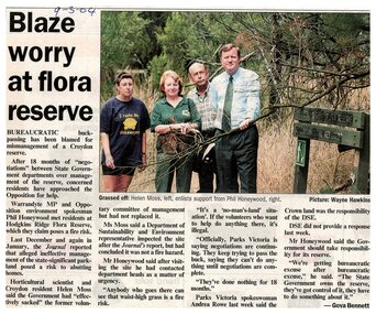Newspaper, Article 'Blaze worry at flora reserve' by Goya Bennett, 9 March 2004,  paper unknown